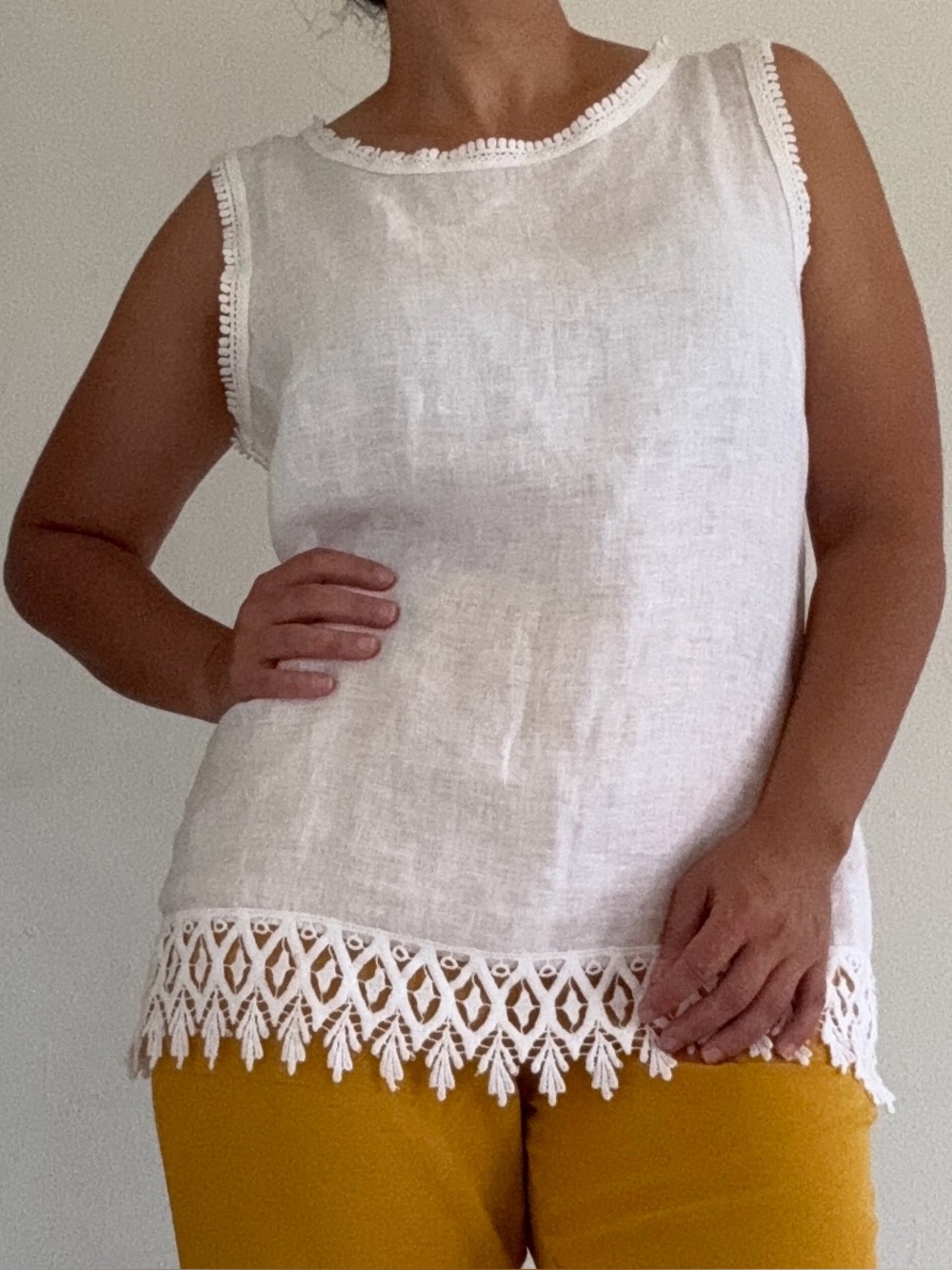 White Crochet-Hem Sleeveless Linen Tank Top